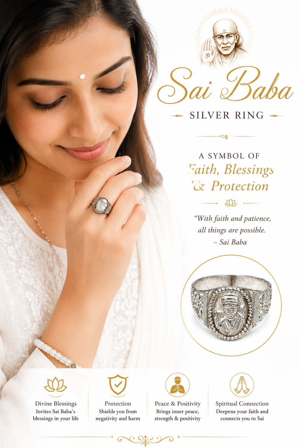 Silver Sai Baba ring on a finger, oval portrait center with etched detailing
