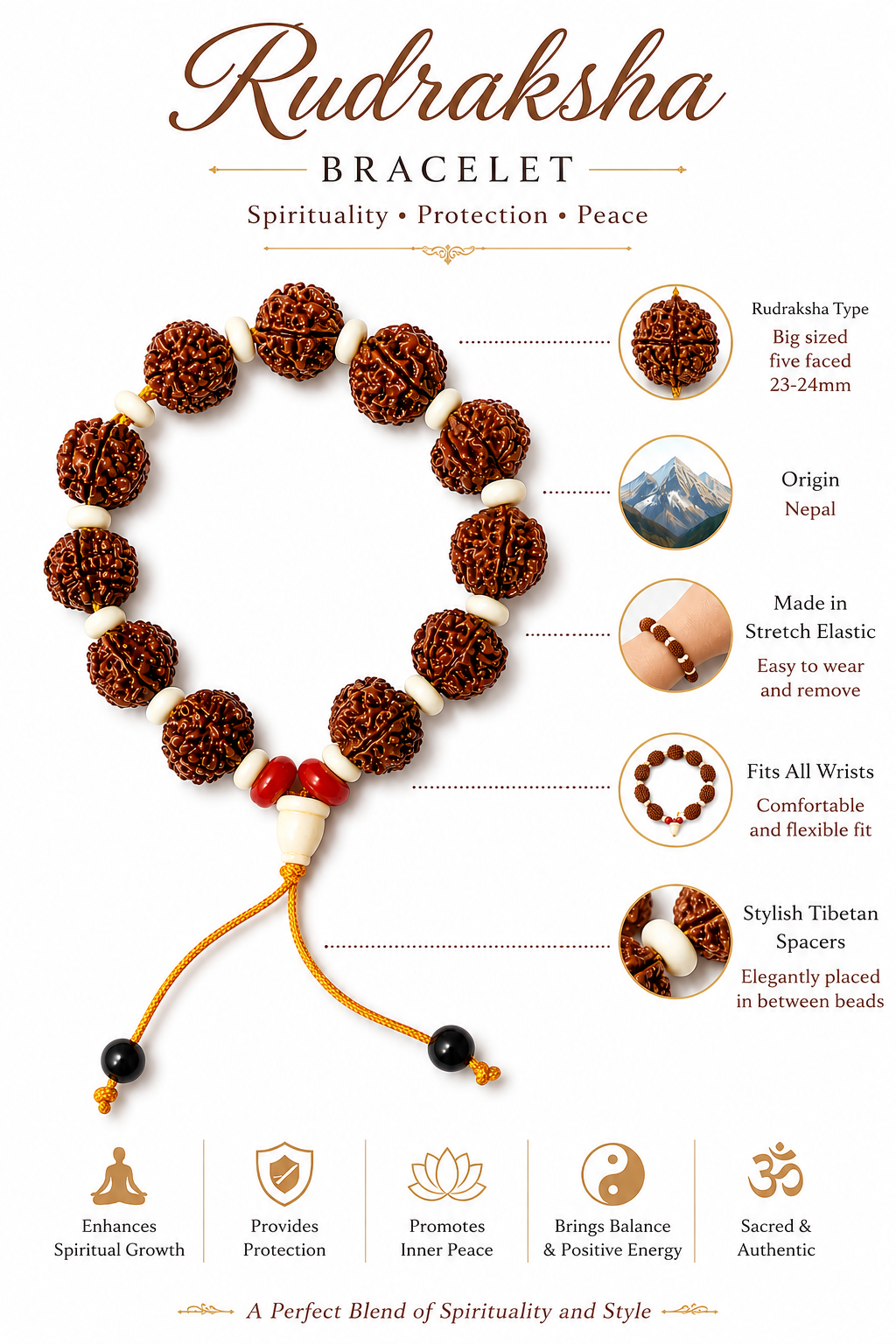 Natural Rudraksha Bracelet for Men - Genuine Rudraksha Beads Elastic Stretch Wrist Bracelet for Daily Wear