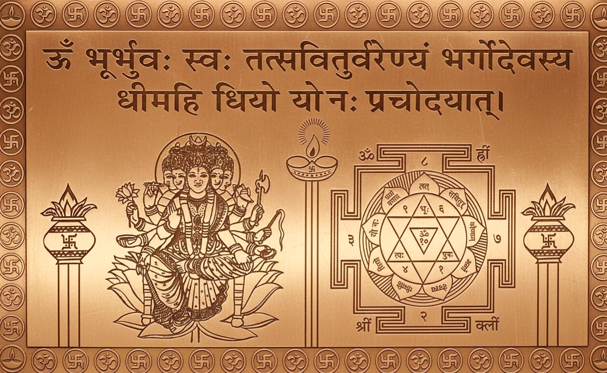 Sri Gayatri yantra and mantra with Gayatri devi image on copper plate
