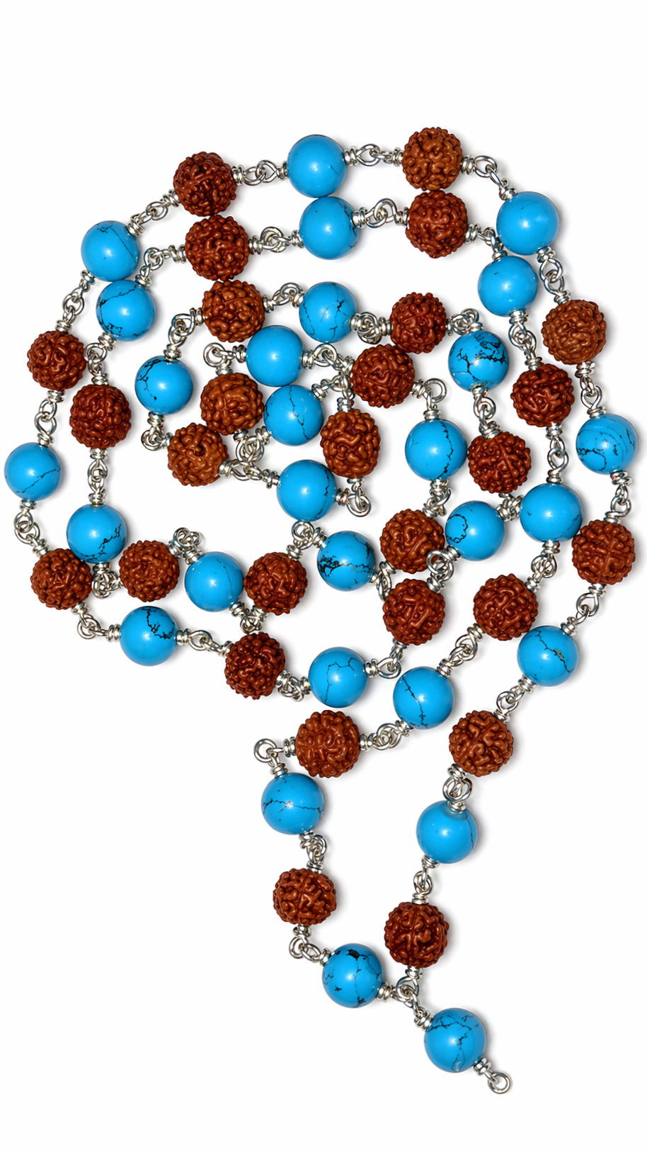 Rudraksha–magnesite mala necklace with blue beads and brown seed charms, silver chain