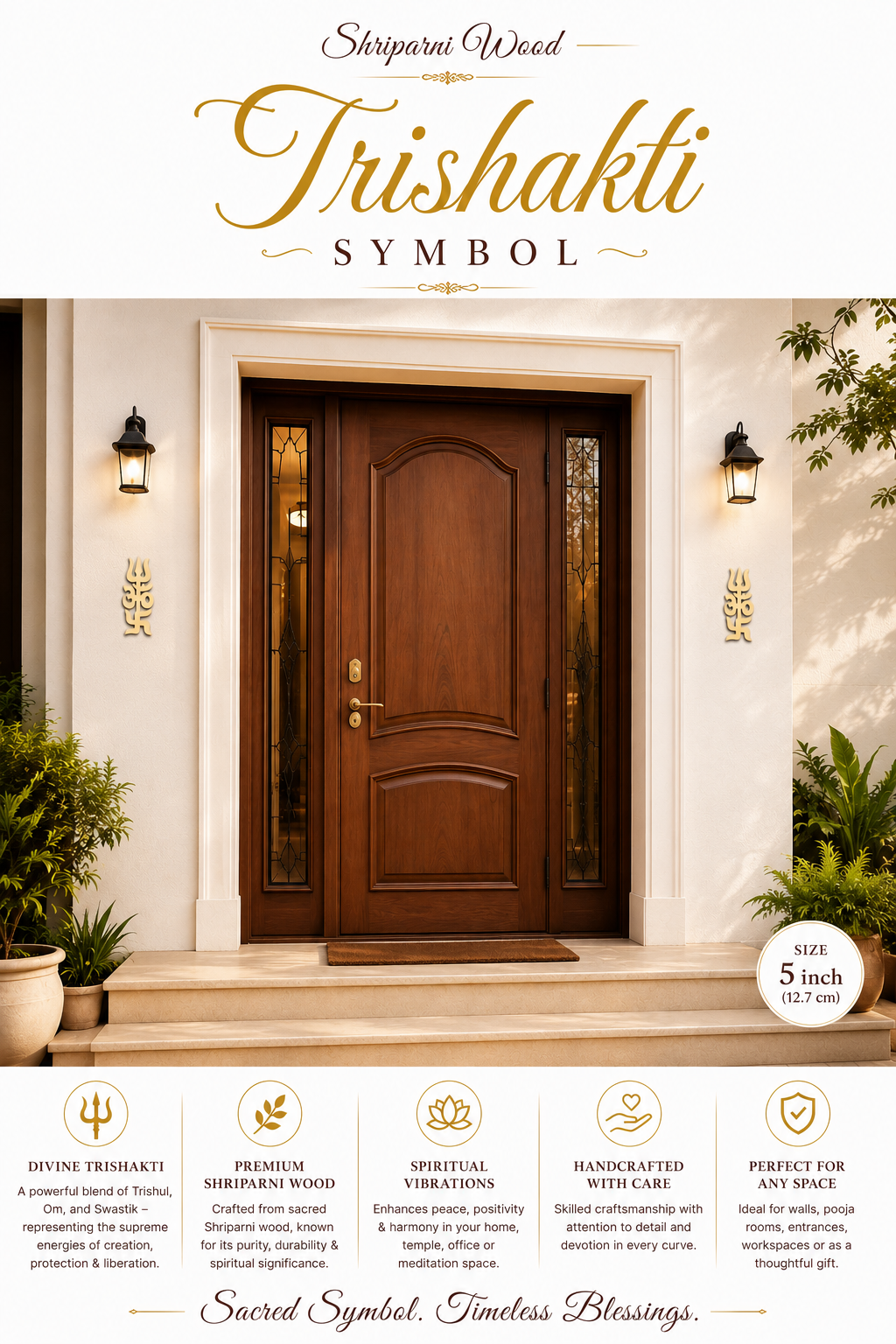 Wooden Trishakti wall symbols on entry door sides, trident and Om cutouts