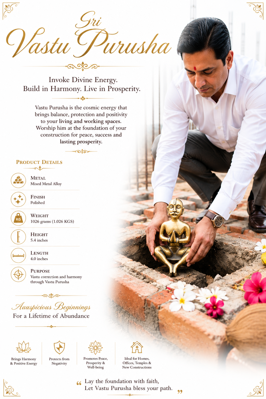 Sri Vastu Purusha Idol for Vastu Correction & New Construction Foundation Ritual - Premium Polished Metal Murti