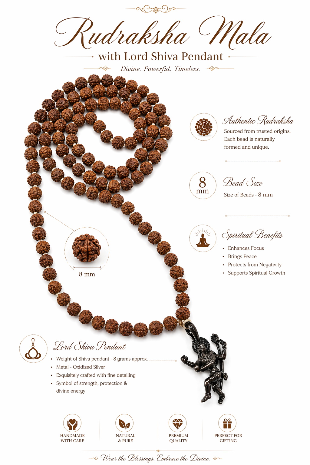 Rudraksha Mala with Lord Shiva Pendant | 8mm Beads | Oxidized Silver