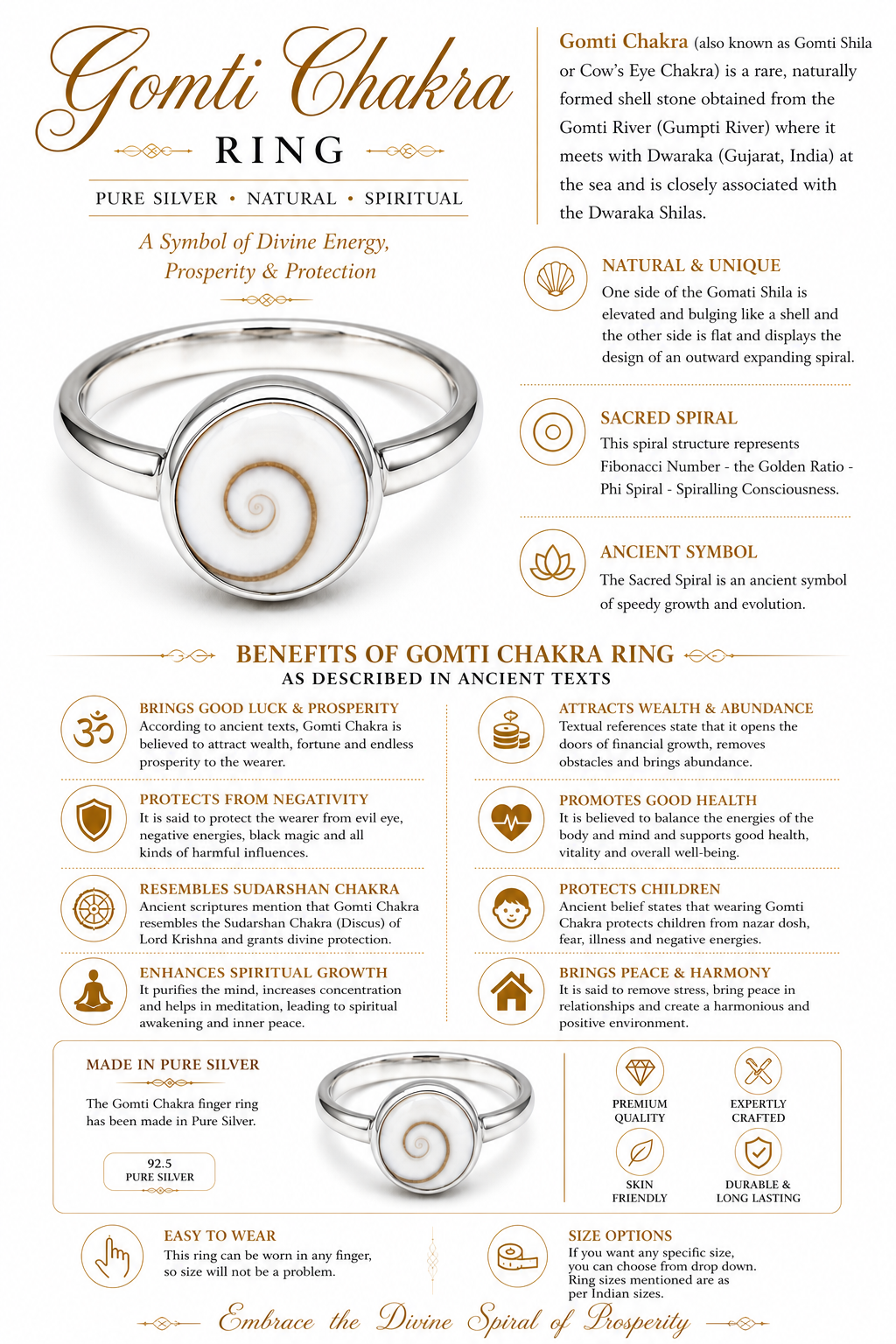 Sterlingsilberner Ring mit Spiralrelief auf hellem Cabochon