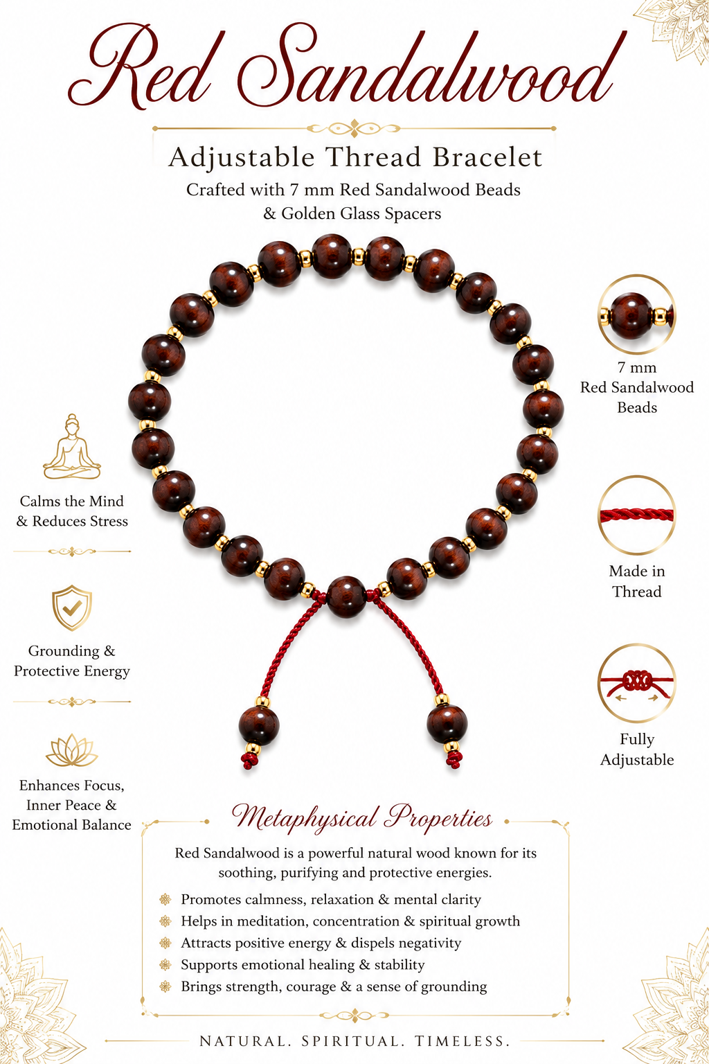 7 mm Red Sandalwood Adjustable Thread Bracelet with Golden Glass Spacers | Handcrafted Lal chandan Bead Bracelet for Men & Women | Unisex Meditation Yoga Spiritual Wrist Bracelet