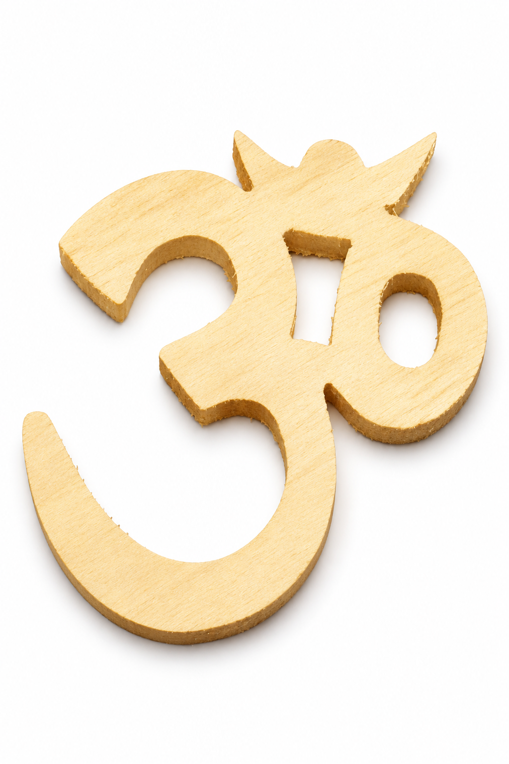 Handcrafted wooden Om (Aum) symbol with cutout circles, warm natural wood.