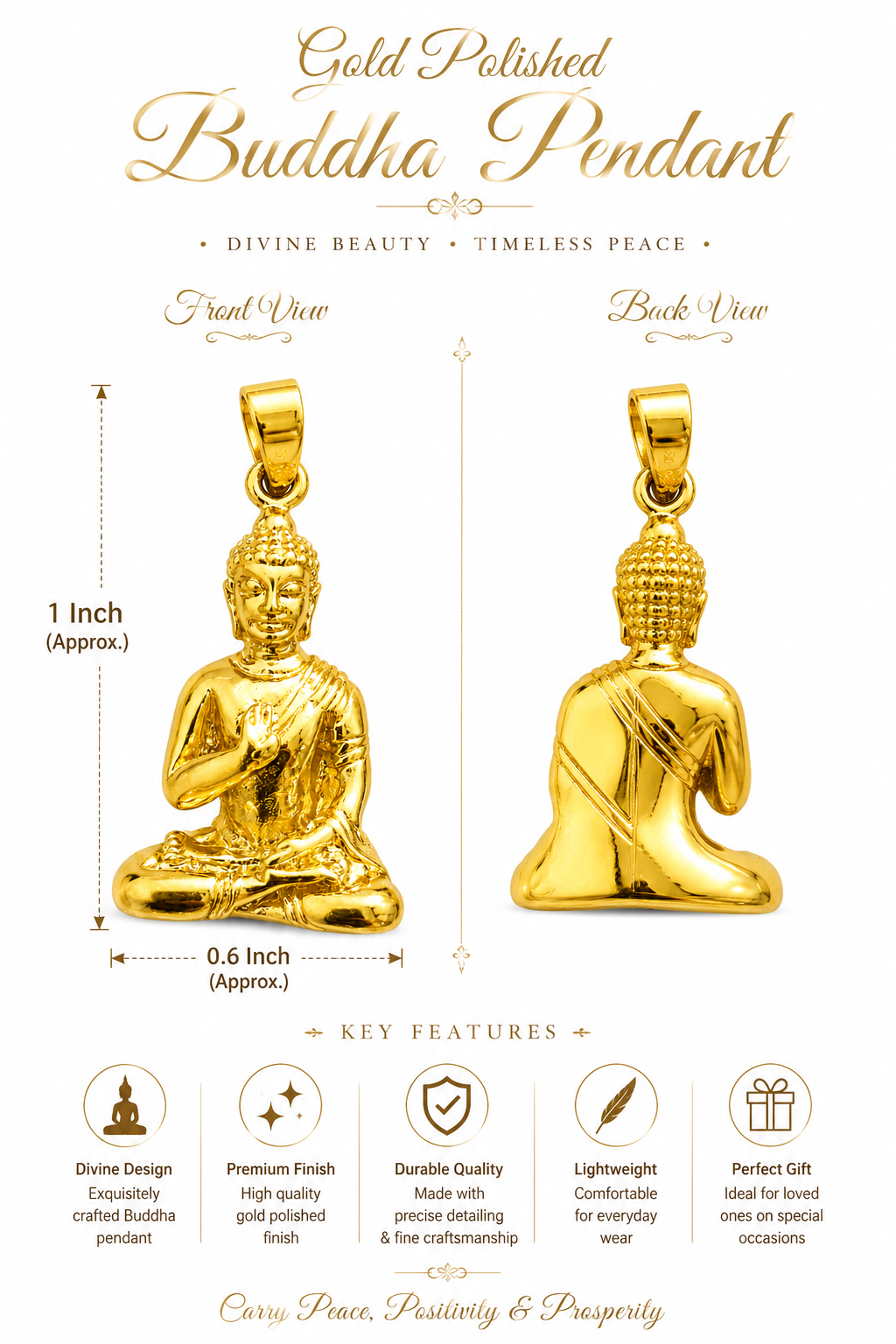 Gold Polished Buddha Pendant for Men & Women | Premium Gold Finish Meditating Buddha Necklace Charm | Spiritual Jewelry | Symbol of Peace & Wisdom