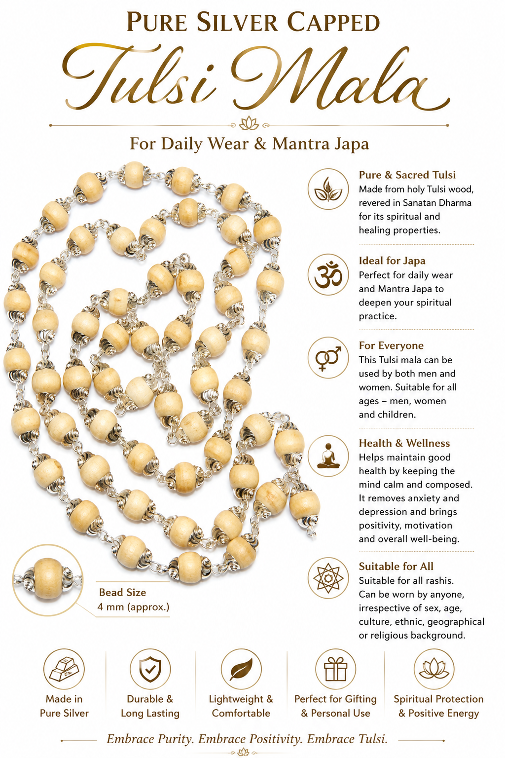 Pure Silver Capped Tulsi Mala for Men & Women - Original Tulsi Beads Japa Mala Necklace for Daily Wear, Meditation & Spiritual Use - 4 MM Handmade Tulsi Mala