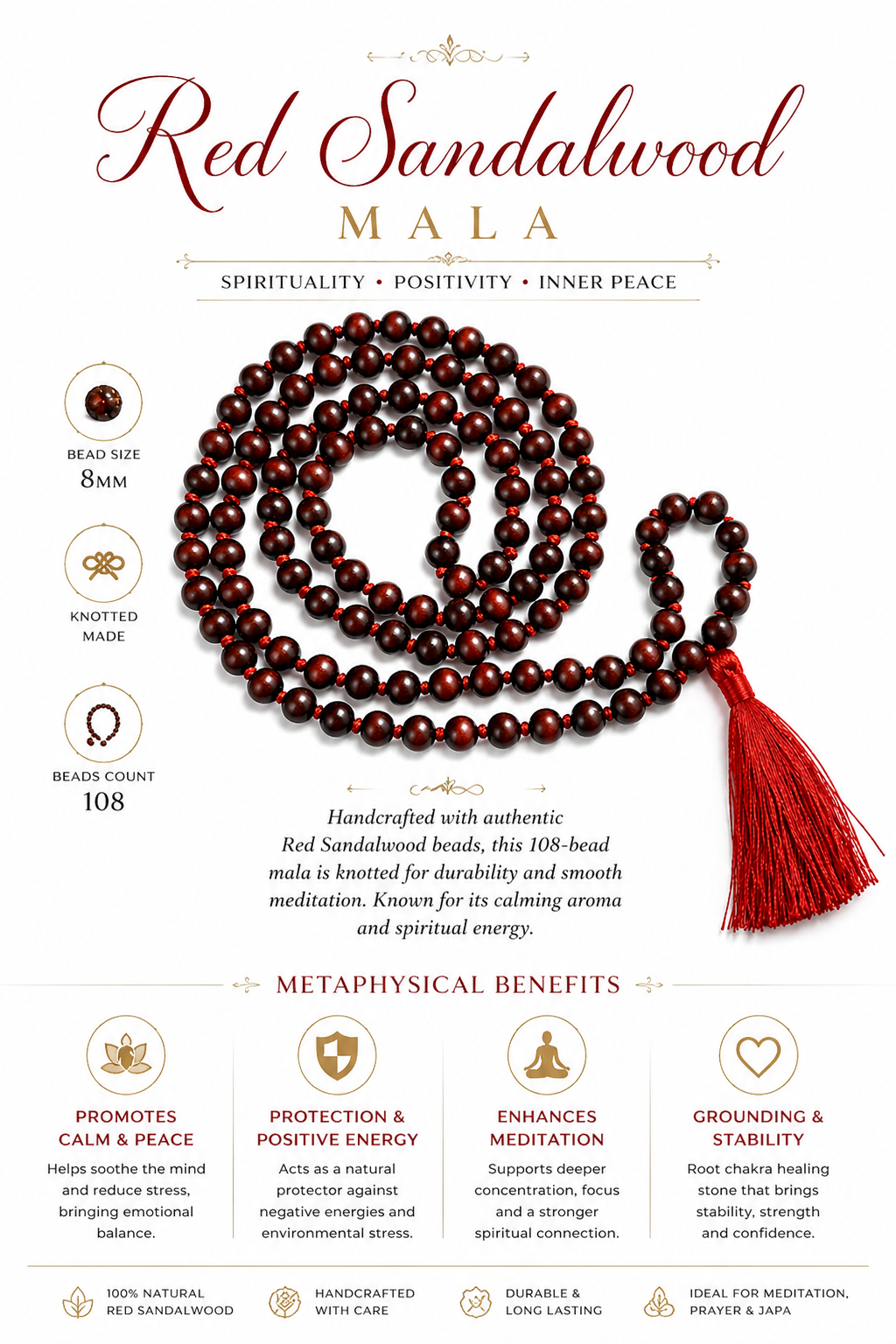 Knotted 108-bead red sandalwood mala, 8mm beads with tassel