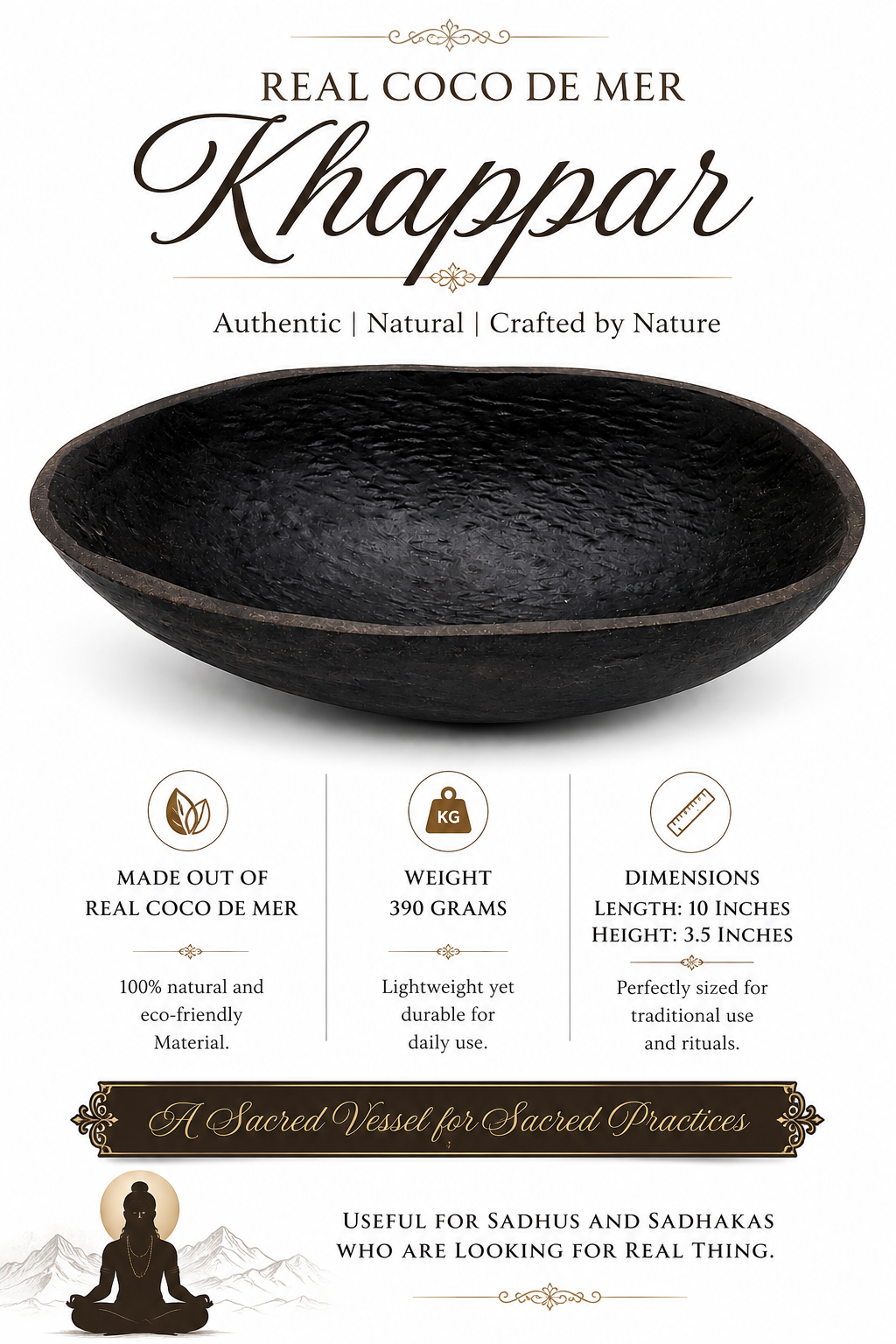 Black coconut-shell ritual bowl, shallow wide rim and textured surface