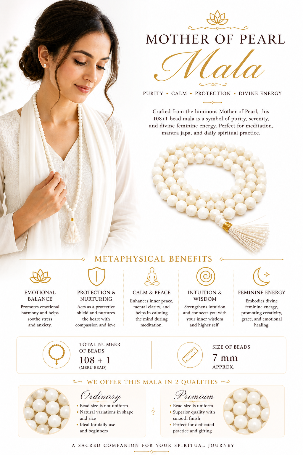 Mother of Pearl mala necklace on model with layered bead strand and tassel
