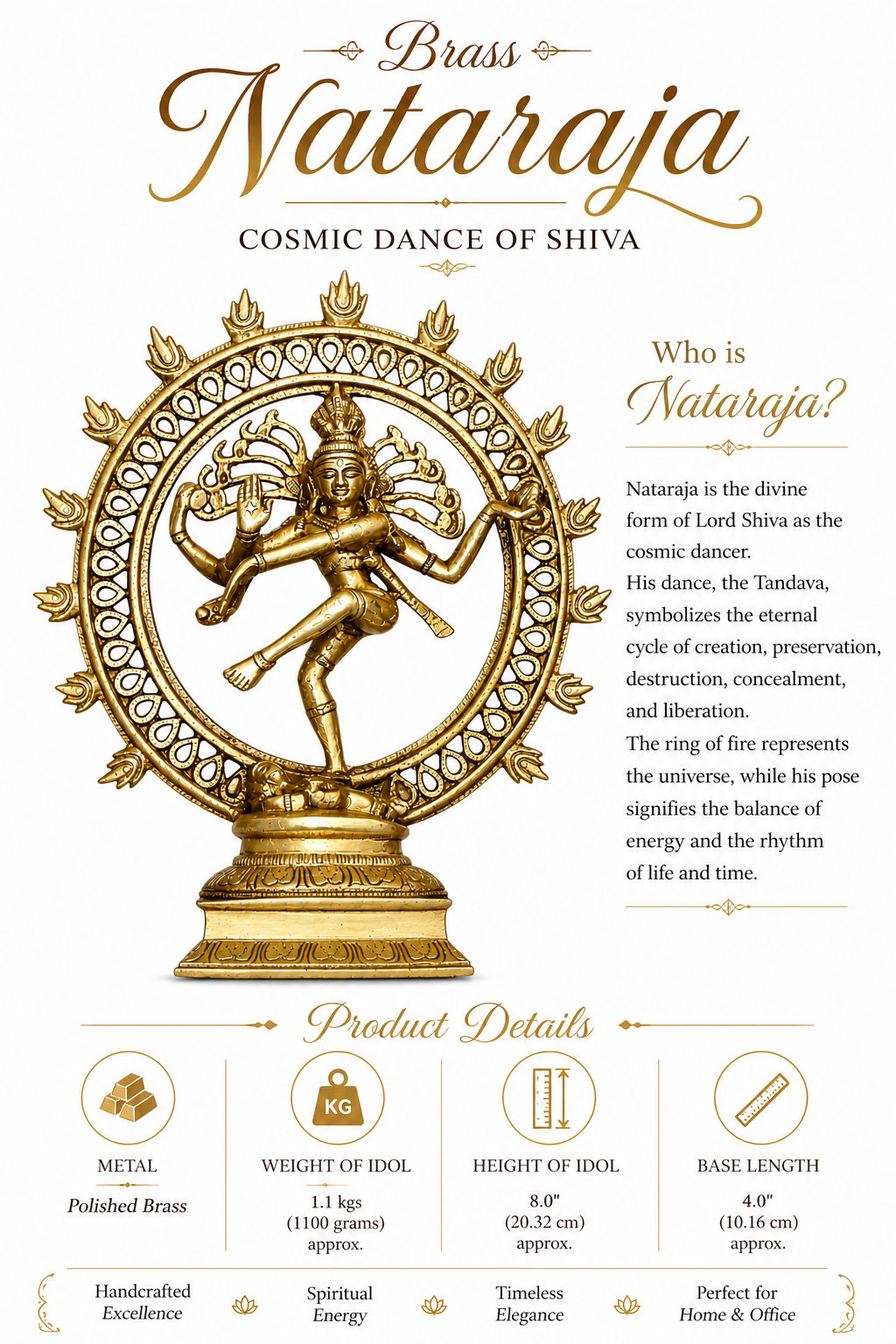 Full view Brass Nataraja idol, dancing Shiva within circular frame and pedestal base