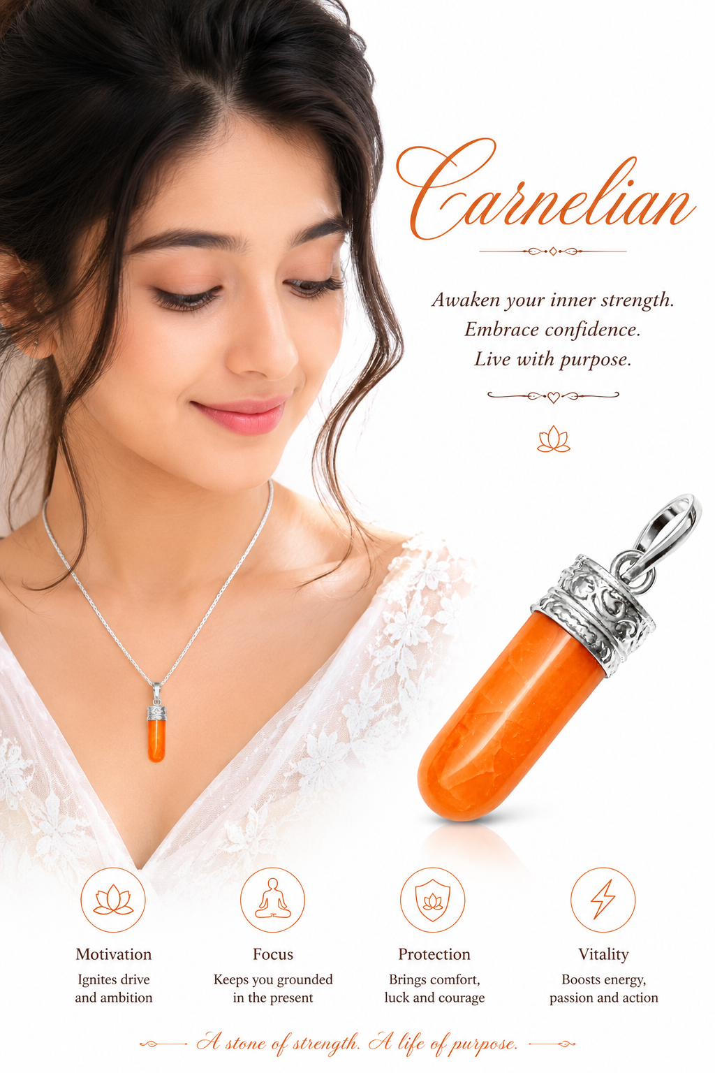 Orange carnelian capsule pendant on white metal chain, worn on a necklace