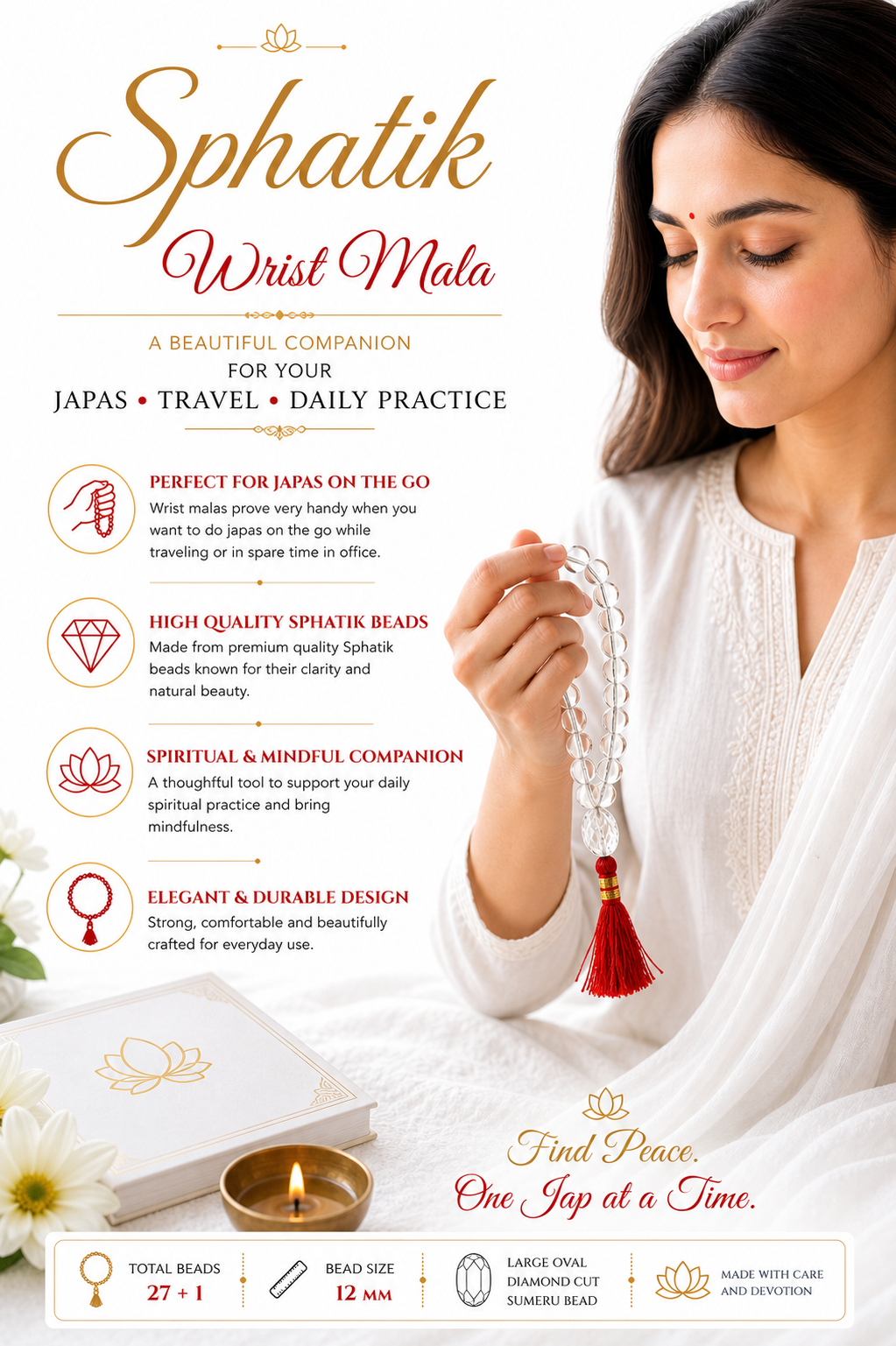 Sphatik wrist mala with clear beads and red tassel on a praying woman’s hand