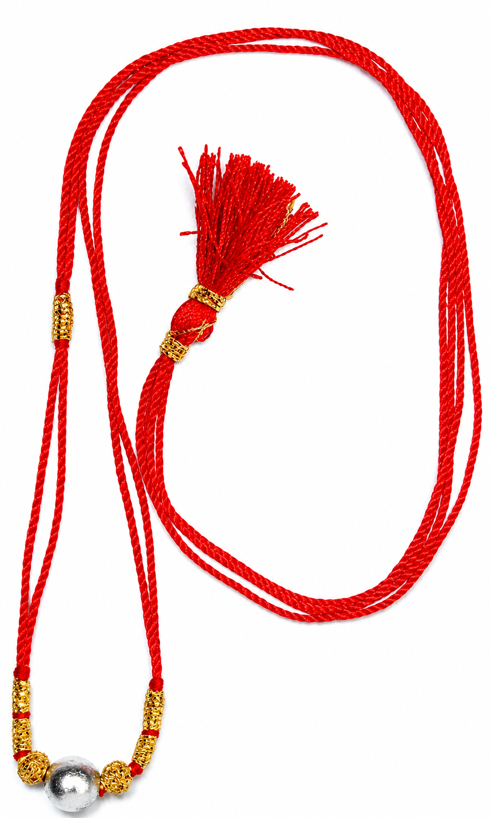 Close view of red thread necklace with gold bead knots and round silver Parad bead pendant
