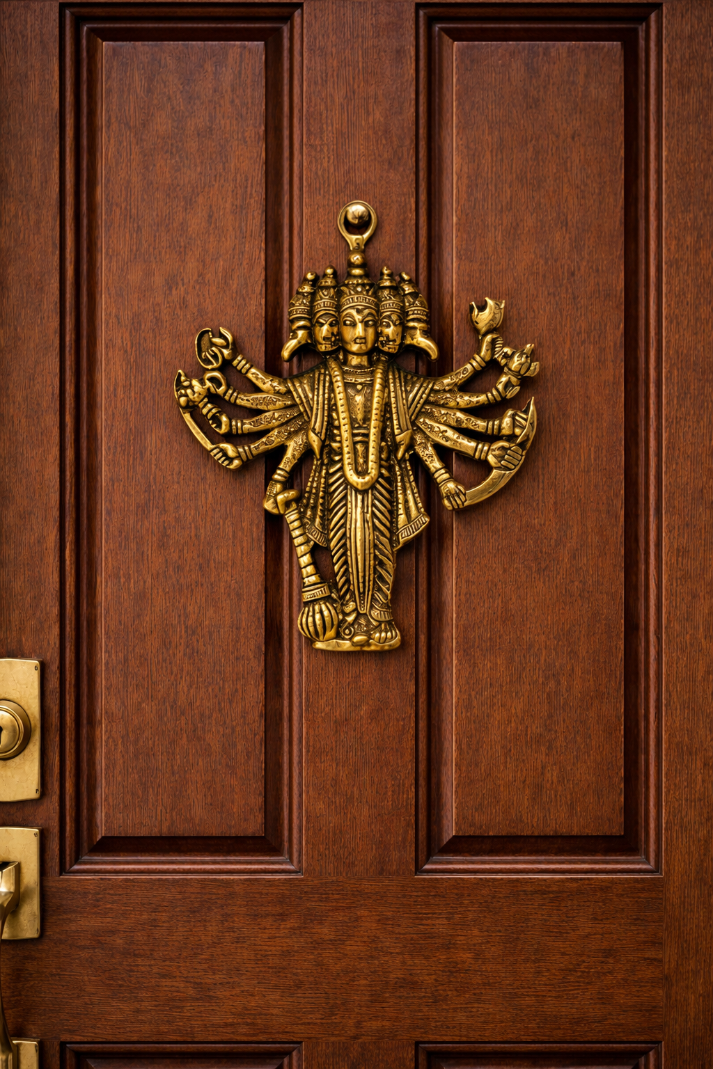 Panchmukhi Hanuman brass wall hanging idol on wooden door, five faces and raised arms