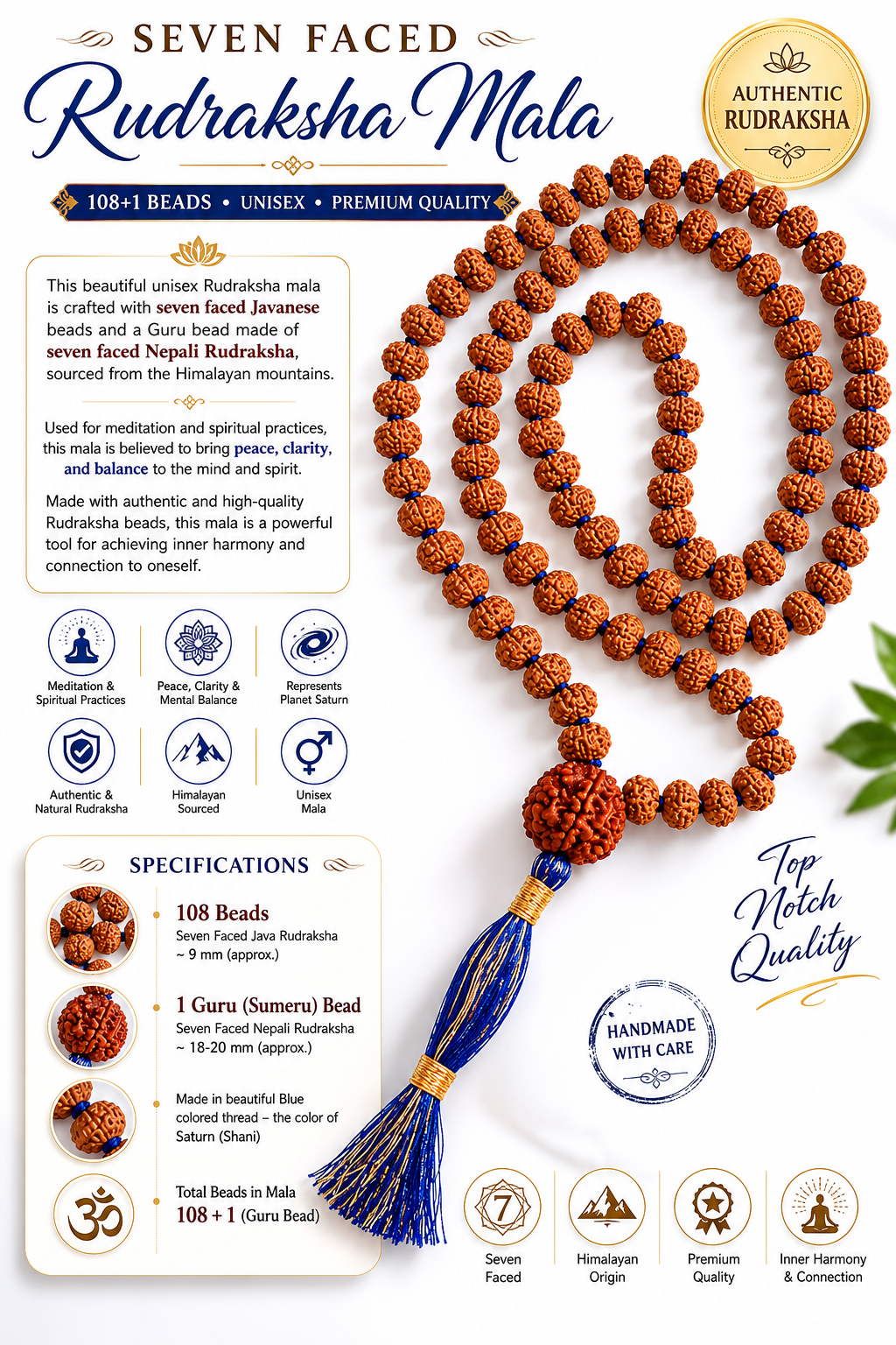 Rudraksha bead mala necklace with blue tassel and brown seeds, 108+1 style