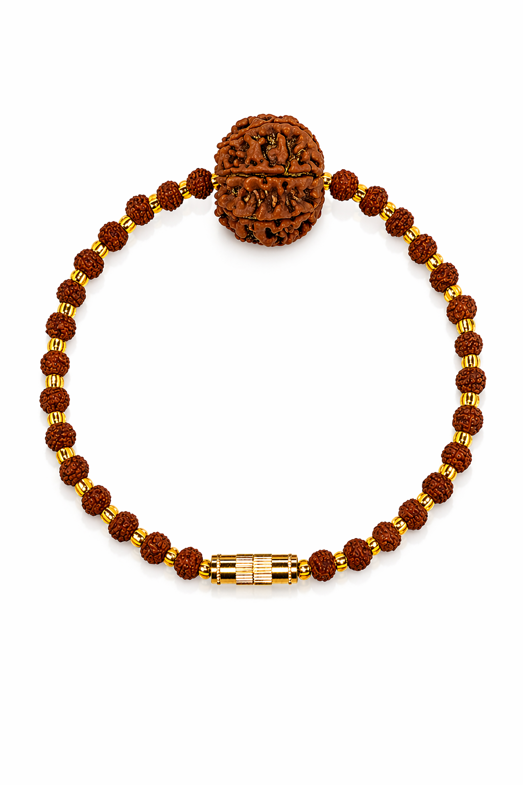 Nepali 7 Mukhi rudraksha bracelet with golden glass spacers and screw clasp