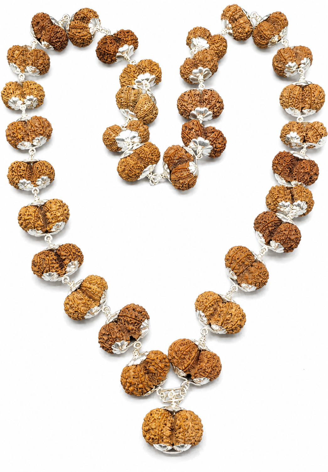 Gauri Shankar rudraksha silver mala with carved brown beads and white metal links