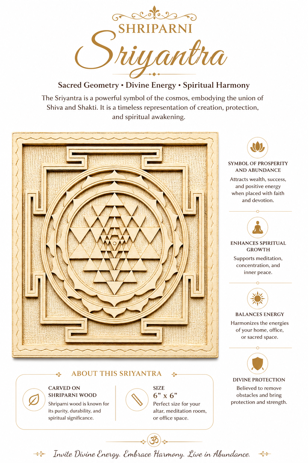 Sri Yantra 6x6 carved wood square panel with layered triangle geometric center