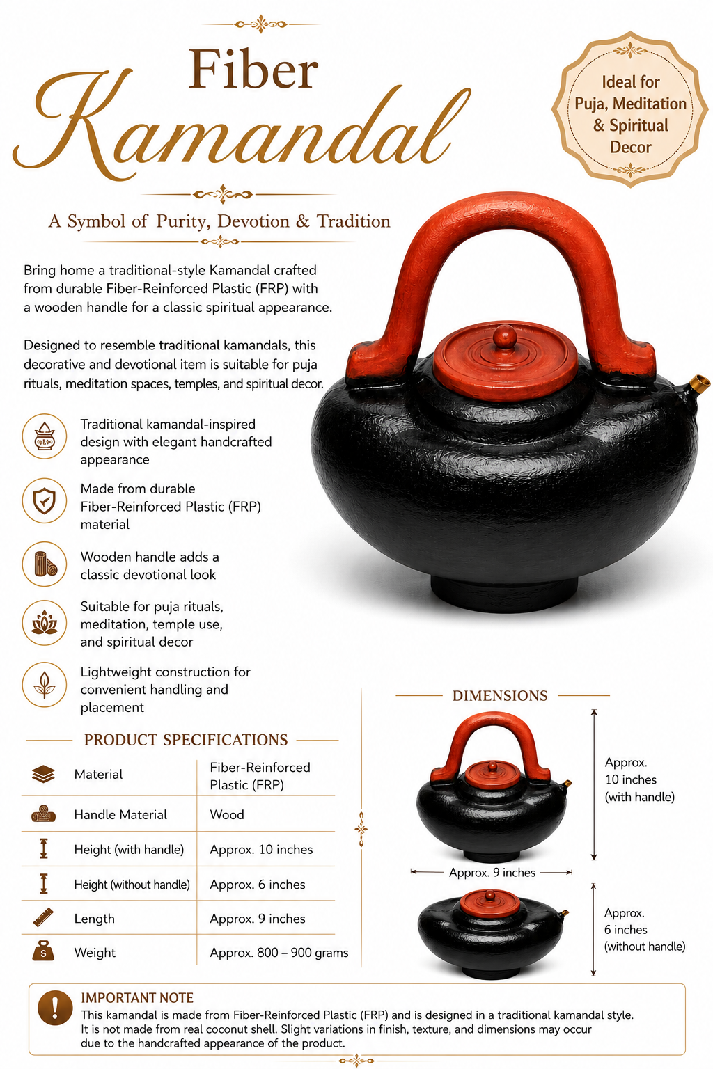 Black fiber kamandal with red lid and curved wooden handle