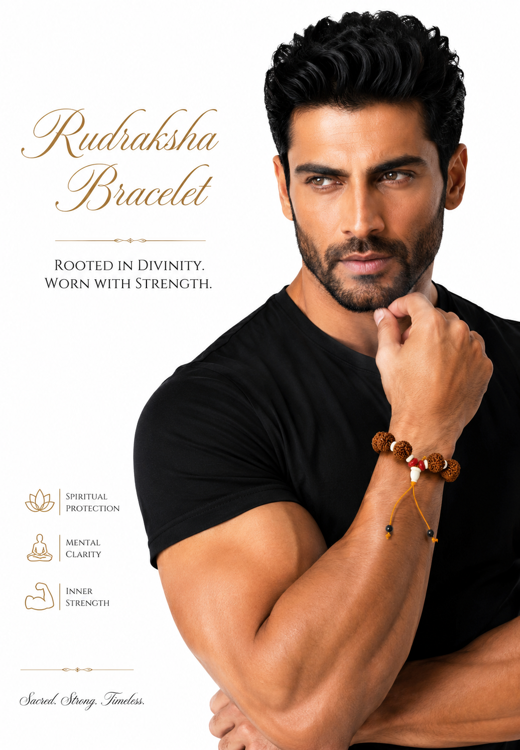 Rudraksha bracelet on man's wrist with brown beads, white spacers, red center, cord tassels