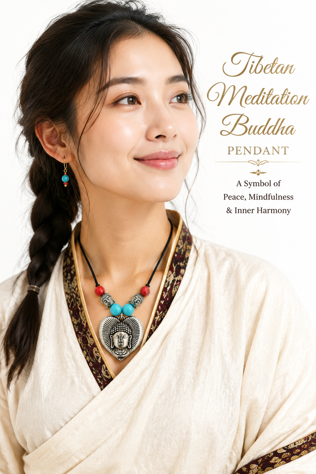 Tibetan Meditation Buddha Pendant Necklace for Men & Women | Heart Shaped Buddha Face Design White Metal Pendant with Beads | Spiritual Inspired Buddhist Jewellery