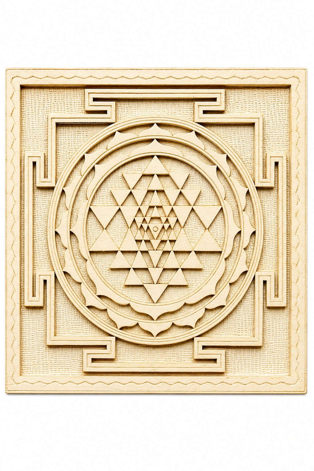 6x6 Sri Yantra carved wood wall or tabletop decor with circular geometric design