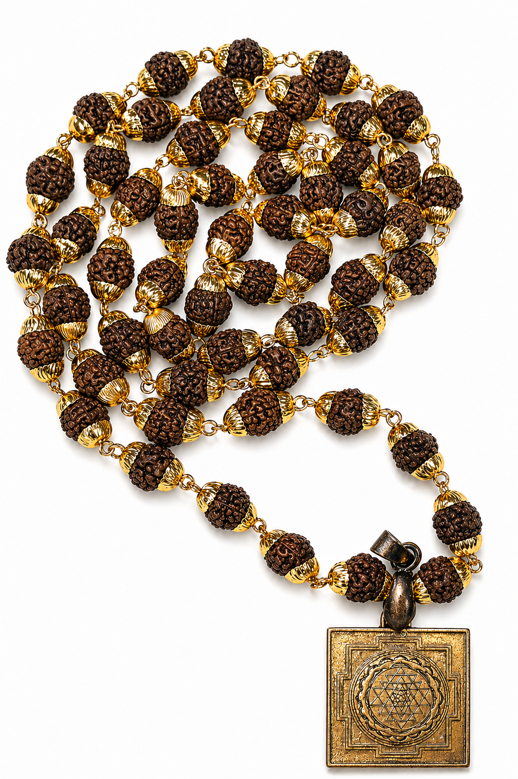 Rudraksha mala with dark beads and square brass Sri Yantra pendant