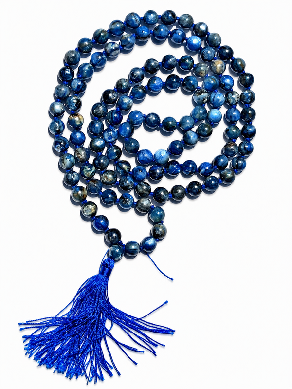 Blue Kyanite Mala 108 Beads - Natural AAA Grade Genuine Kyanite Japa Mala 8mm | Handmade Knotted Meditation, Yoga & Prayer Necklace