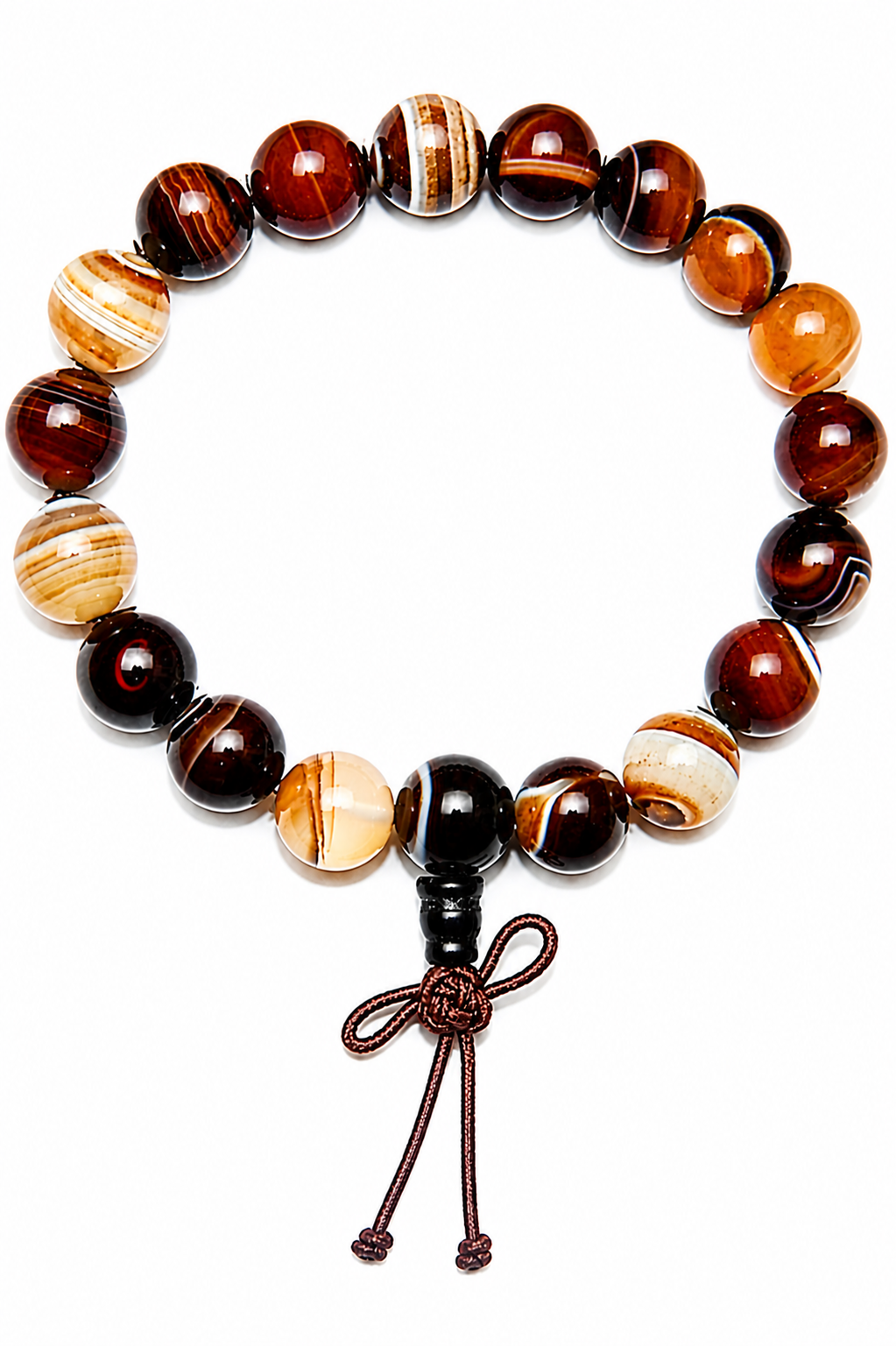 Banded agate bead bracelet with dark red, amber, and white stripes; knotted charm