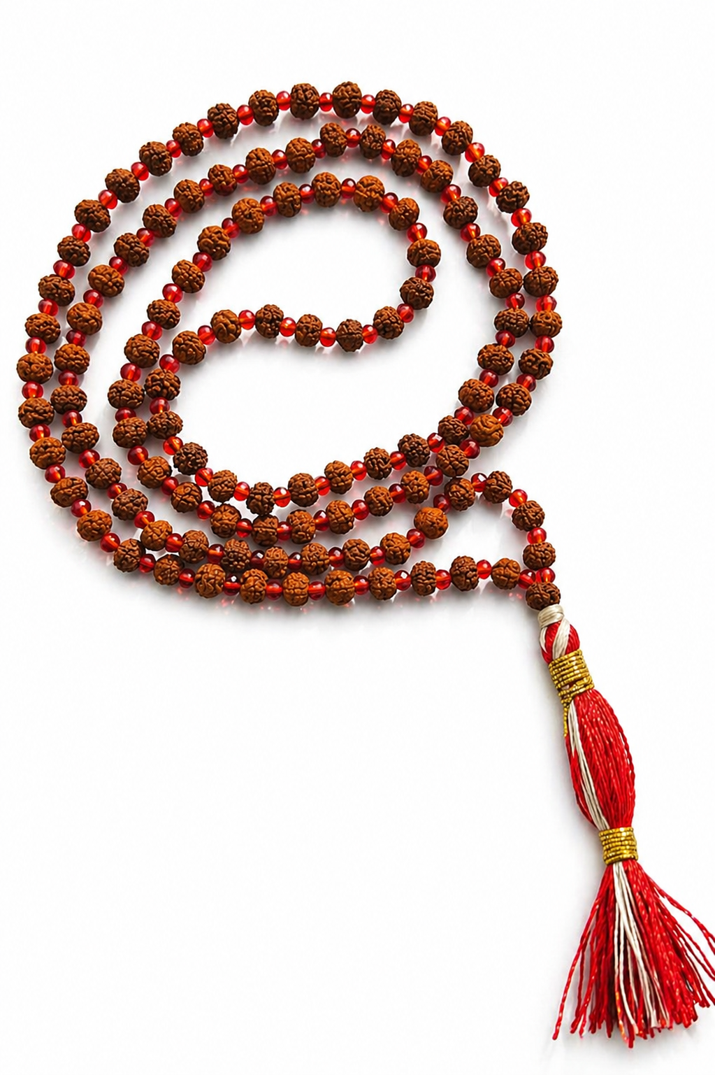 Rudraksha mala with red glass spacers, 108+1 beads, red tassel