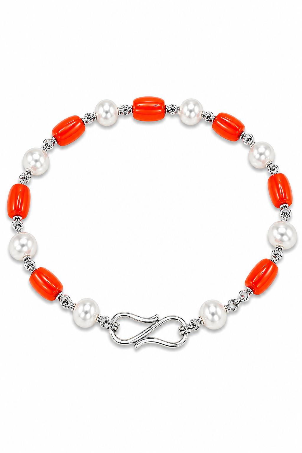 Beautiful Coral and Pearl bracelet in Silver