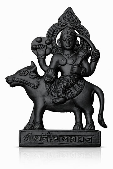Shani Dev iron idol murti, 5-inch matte black statue riding horse