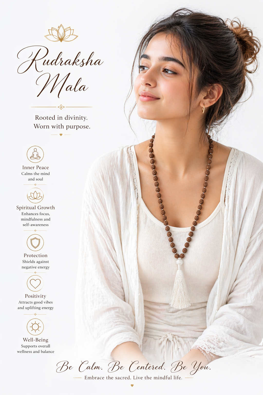 Worn rudraksha mala: dark-brown 8mm bead necklace with white tassel
