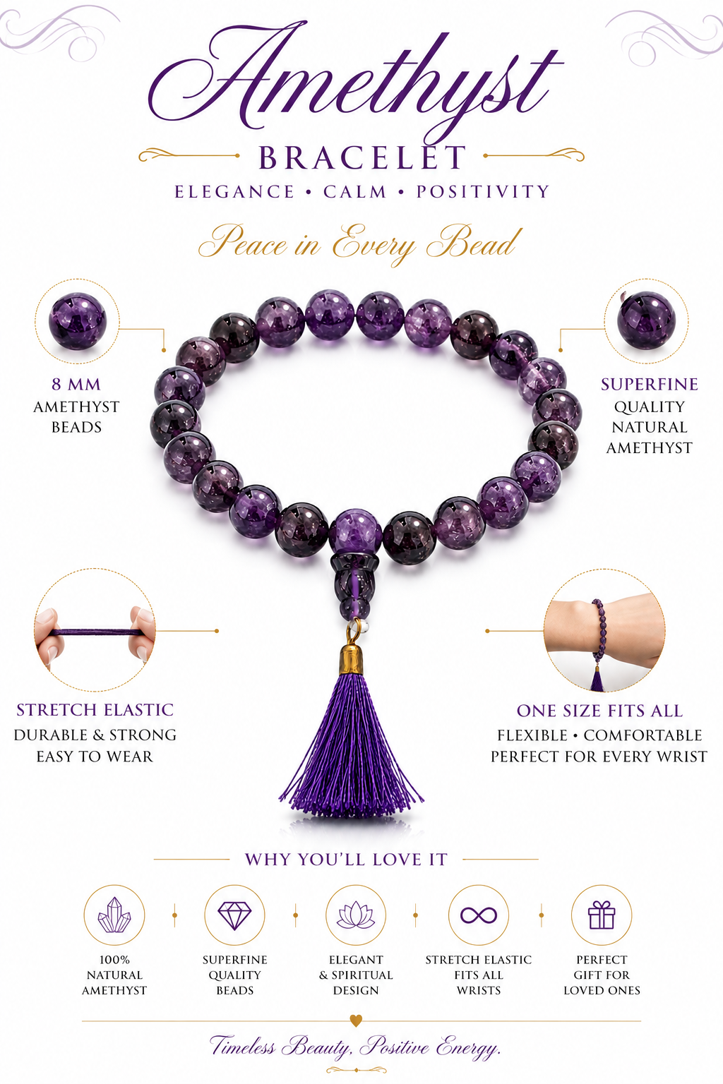 Round 8mm purple amethyst bead bracelet on elastic with gold-toned tassel