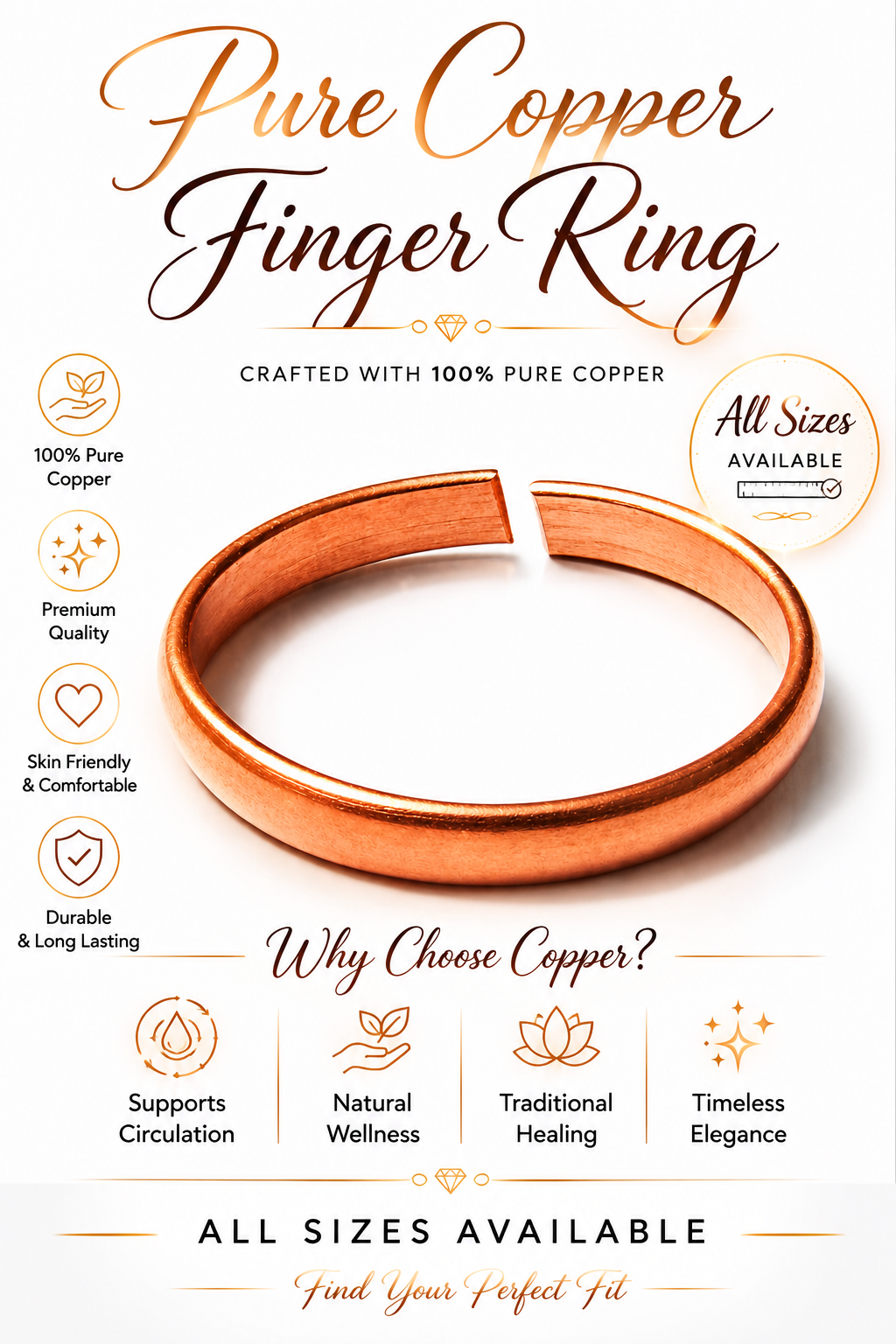 Copper open band adjustable finger ring with smooth round profile