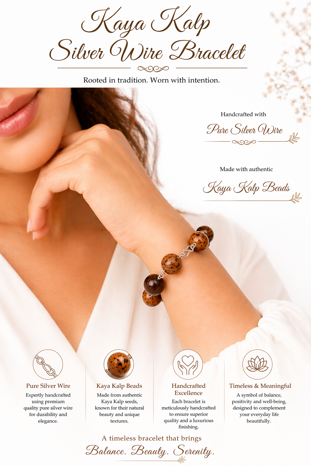 Silver wire bracelet with brown beads on wrist, round spheres and clasp