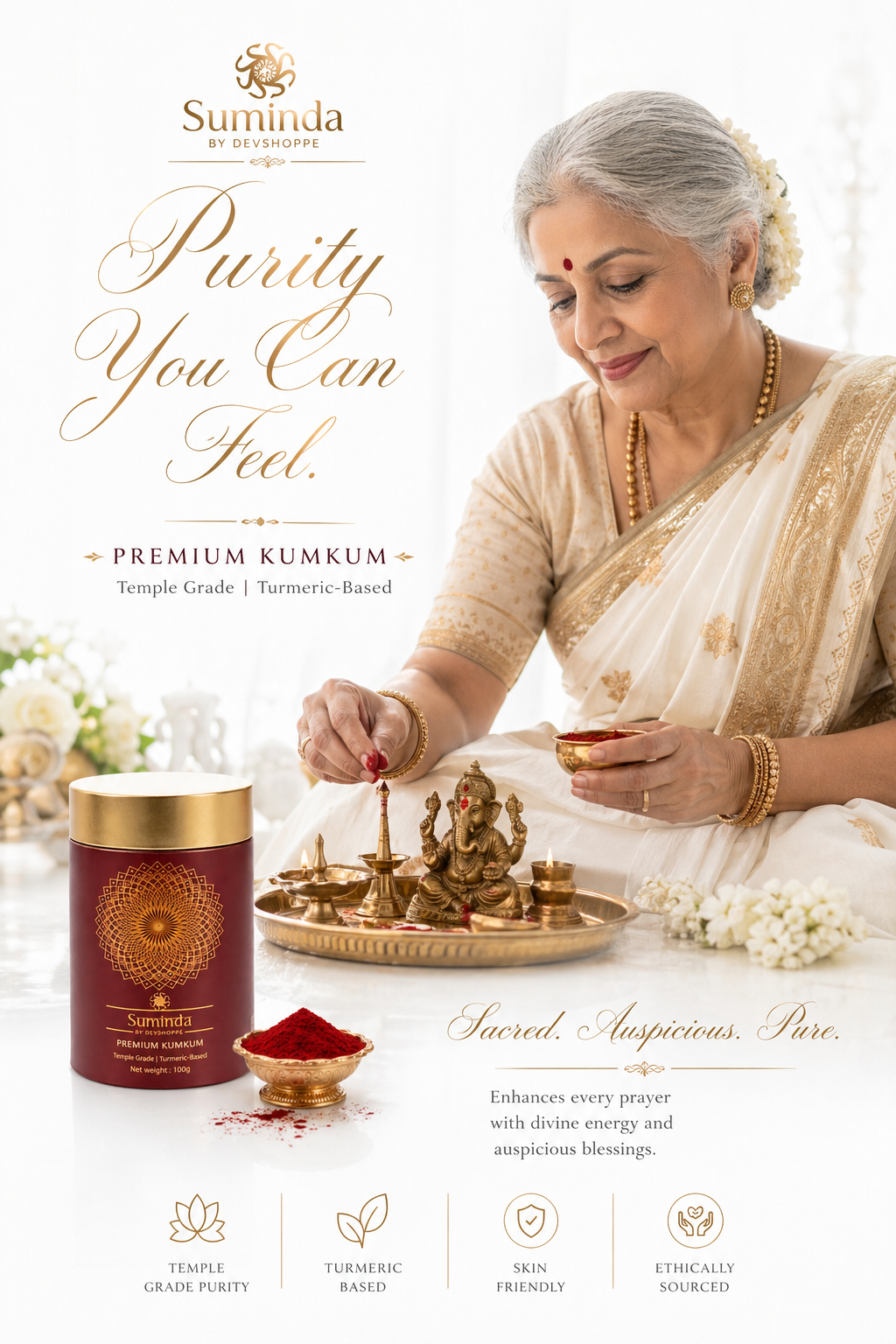 Suminda Kumkum by DevShoppe - Premium Temple Grade, Turmeric Based Kumkum for Puja, Tilak & Rituals (100g)