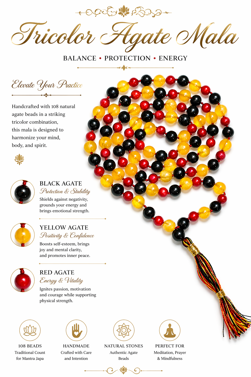 Tricolor Agate Mala 108 Beads Necklace Black Yellow Red Natural Stone Japa Mala