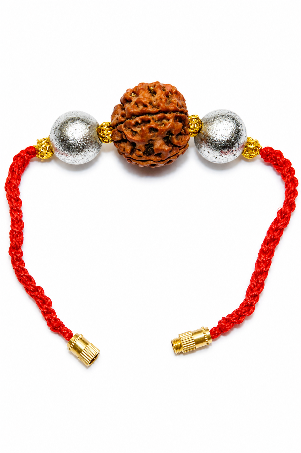 Red cord bracelet with five-faced Rudraksha bead, silver metal beads, screw clasp