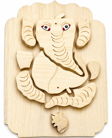 Wooden Vastu Ganesha wall hanging with carved trunk and smiling face, light wood