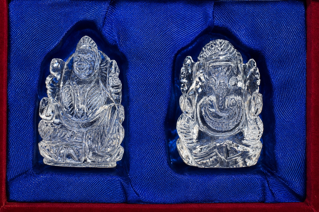 Crystal (Sphatik) Lakshmi Ganesha Idol Gift Set - Pure Sphatik Crystal Ganesh Lakshmi Murti in Velvet Gift Box for Diwali, Housewarming & Auspicious Occasions