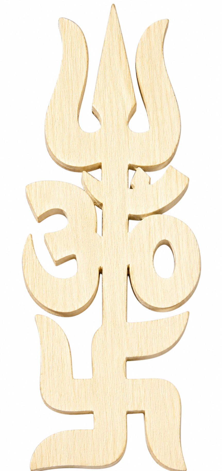 Light wood Trishakti wooden symbol with trident and Om-style cutout, 5 inch