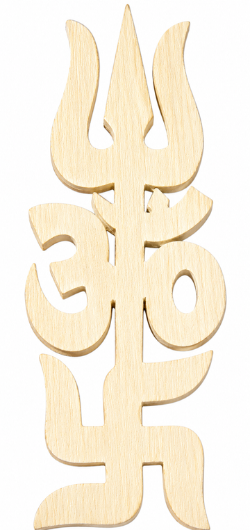 Light wood Trishakti wooden symbol with trident and Om-style cutout, 5 inch