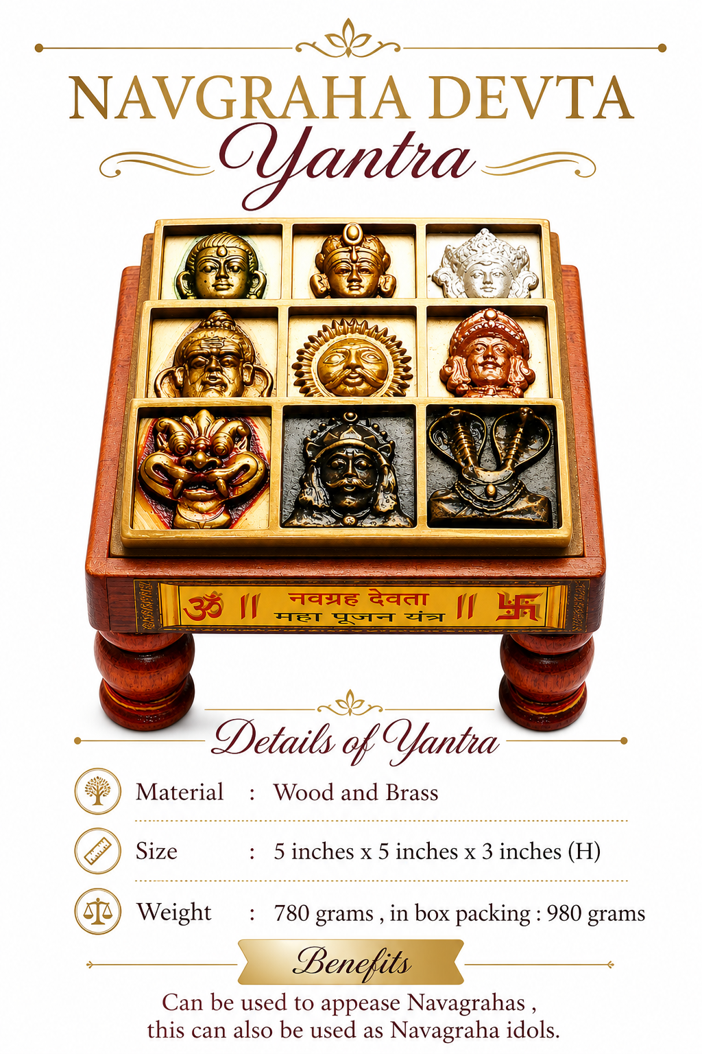 Wooden Navagraha Devta yantra platform with 9 idols: gold, brass, and white-toned