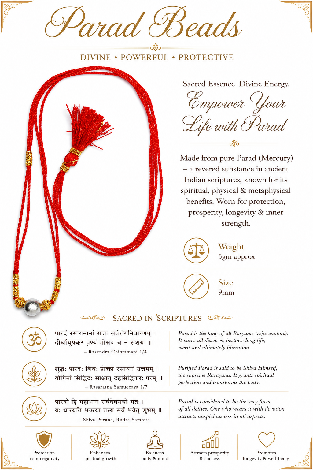 Red thread Parad beads necklace with tassel and three gold-tone bead accents, 9mm pendant