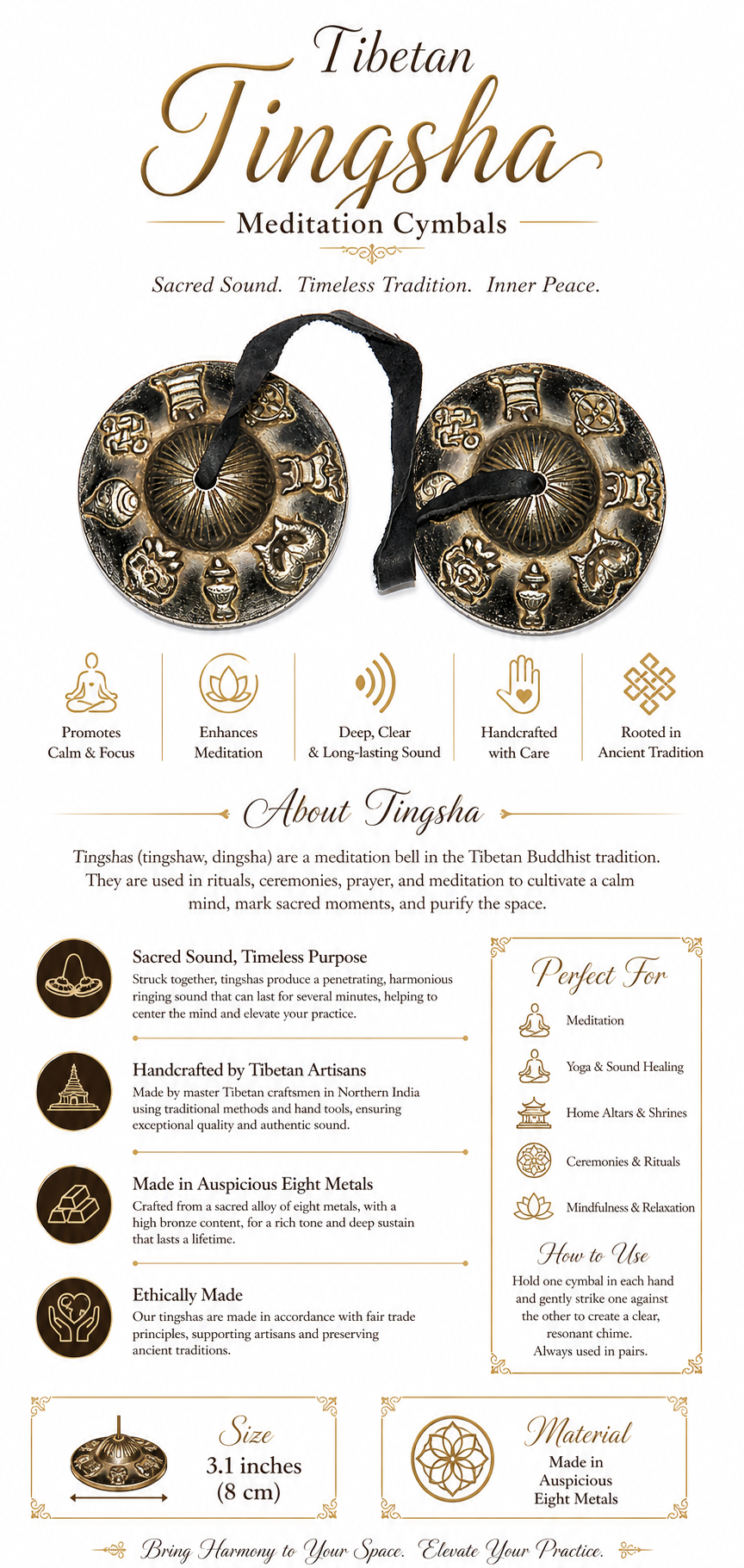 Pair of Tibetan tingsha meditation cymbals with carved metal faces and black strap