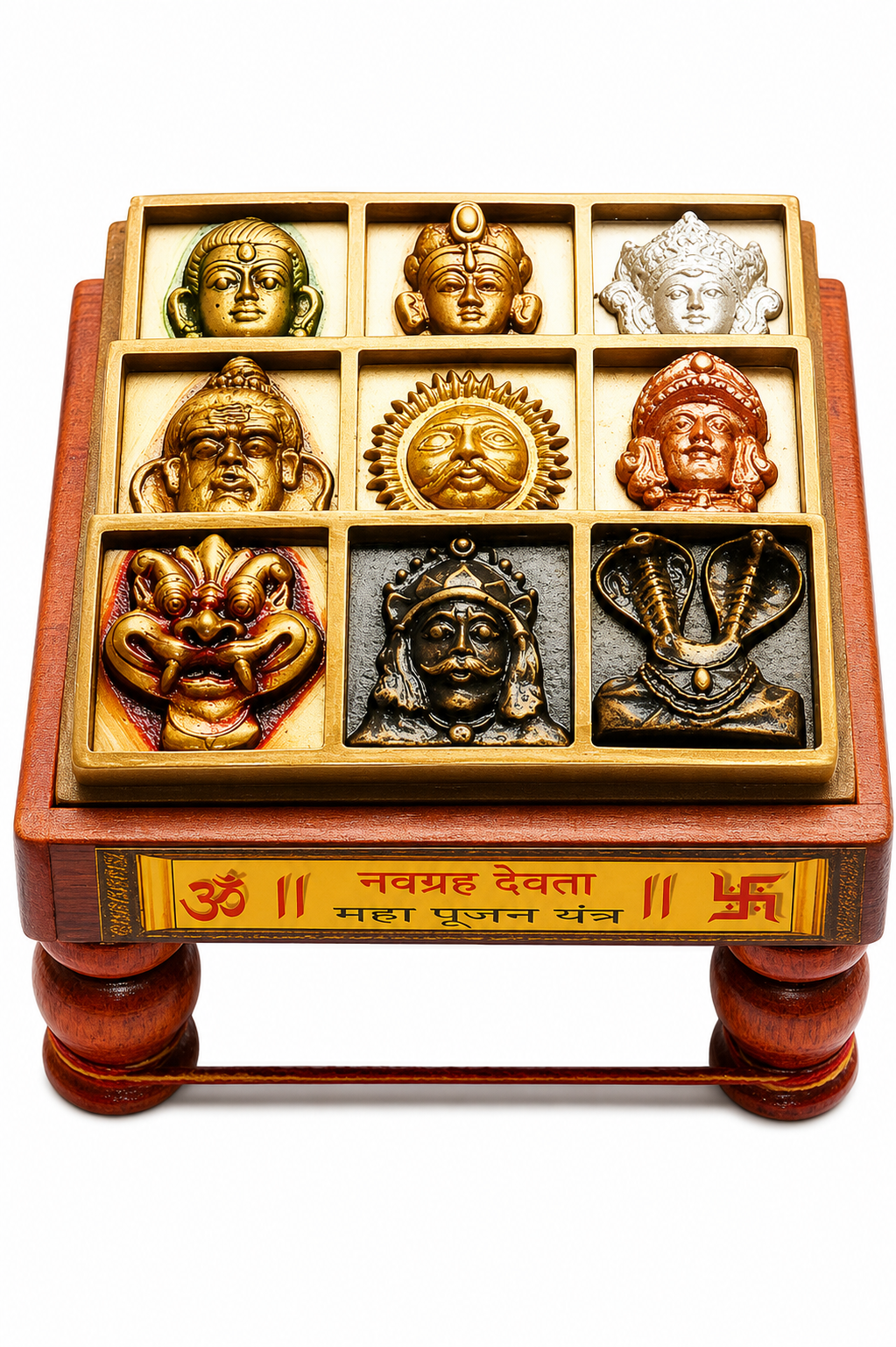Wooden puja platform with 9 brass planet idols in a 3x3 grid, front