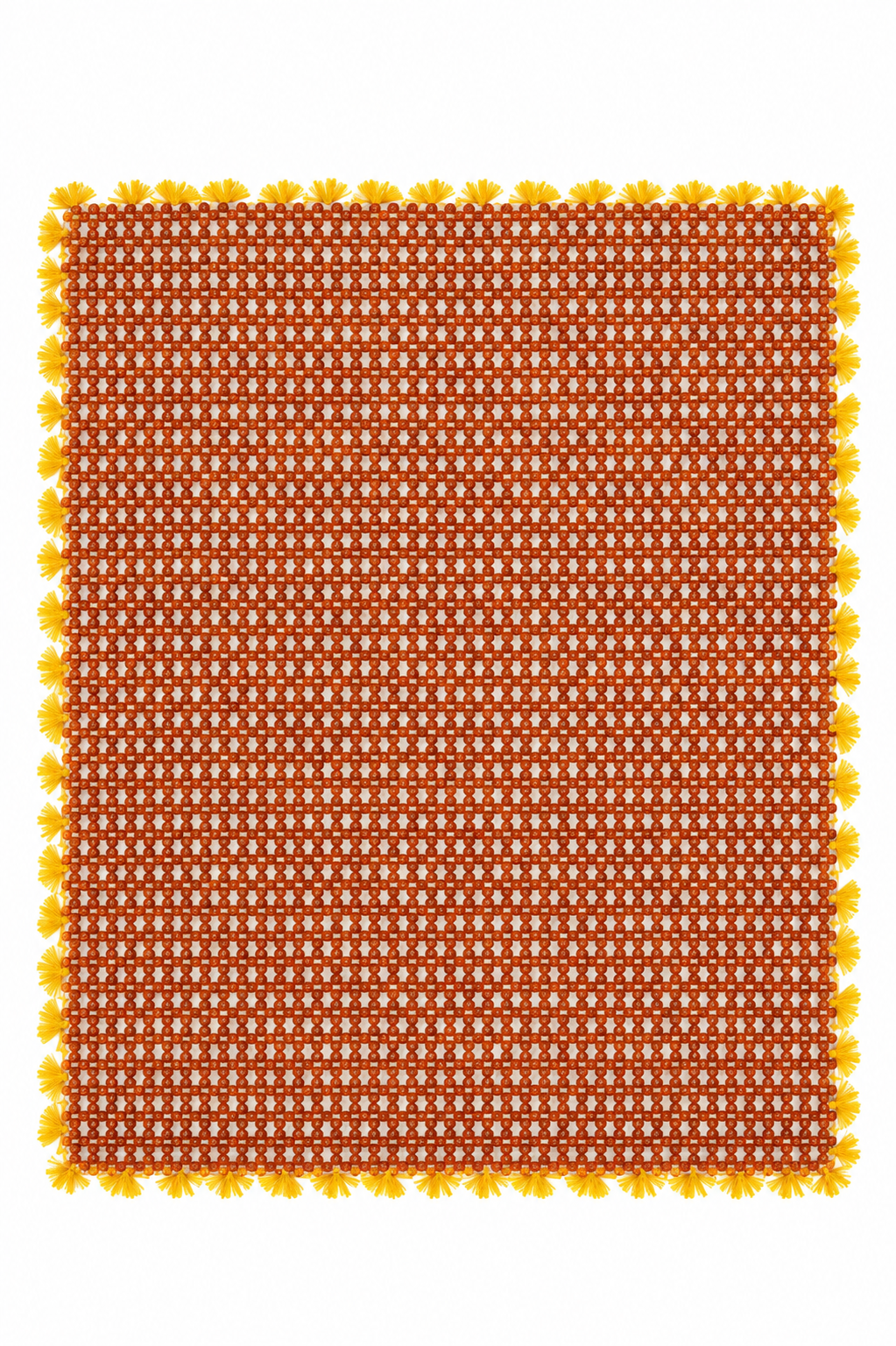 Orange rudraksha bead meditation mat with yellow tassel edges, hand-woven pattern